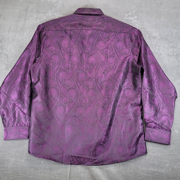 Barry Wang Mens XL Paisley Print Long Sleeve Dress Shirt Purple Black Button Up - Picture 6 of 6